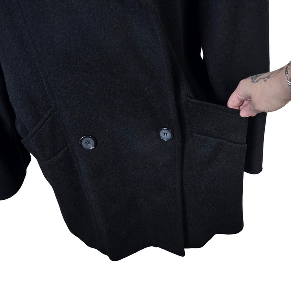 Kasper Womens Black Double Breasted Wool Blend Coat Faux Fur Collar Made USA - Picture 2 of 8